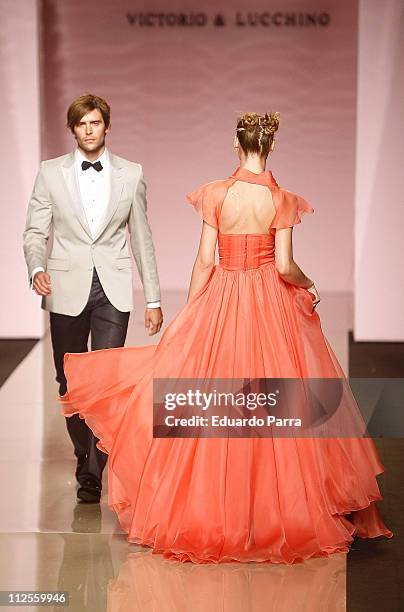 Model walks down the catwalk during the Victorio & Luccino Spring/Summer 2008 Show at Pasarela Cibeles - Madrid Fashion Week on September 19, 2007 in...