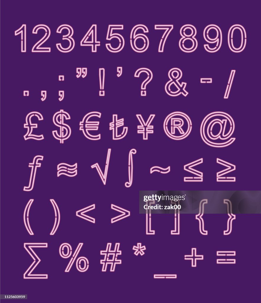 Neon numbers, symbols and punctuation marks
