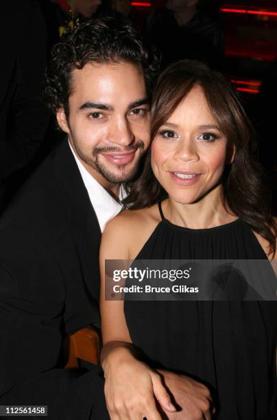 Actress Rosie Perez and boyfriend Actor Ramon Rodriguez pose on Opening Night Of "The Ritz" on Broadway at Planet Hollywood in New York City on...