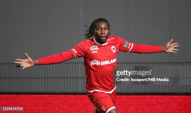 Dieumerci Mbokani of Antwerp celebrates after scoring a goal during the Jupiler Pro League match between Royal Antwerp and Royal Standard de Liege at...