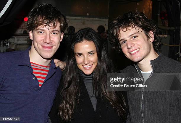John Gallagher Jr., Demi Moore and Jonathan Groff pose at "Spring Awakening" on Broadway at The Eugene O'Neill Theater on October 13, 2007 in New...