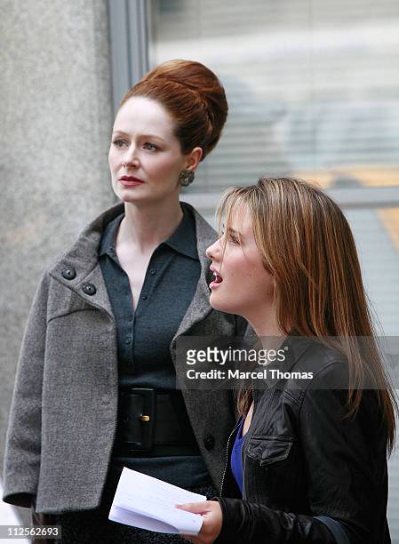 Actresses Miranda Otto and Natalie Brawn filming a scene for the TV show " Cashmere Mafia" on location on the upper Eastside October 18, 2007 in New...