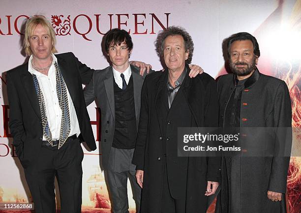 Rhys Ifans, Eddie Redmayne, Geoffrey Rush and Shekhar Kapur attend the "Elizabeth: The Golden Age" film premiere at the Odeon Leicester Square on...