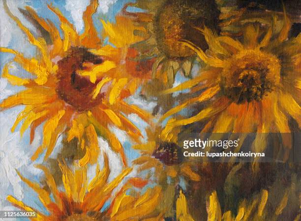 ilustrações de stock, clip art, desenhos animados e ícones de fashionable illustration modern art work my original oil painting on canvas impressionism summer landscape blooming yellow helianthus annuus on a field against the sky and clouds - classical style