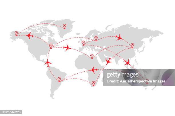airplane path in dotted line shape on world map - red plane stock pictures, royalty-free photos & images