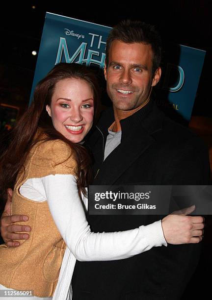 Actor Cameron Mathison poses with actress Sierra Boggess as he visits backstage at "Disney's The Little Mermaid" on Broadway at The Lunt Fontanne...
