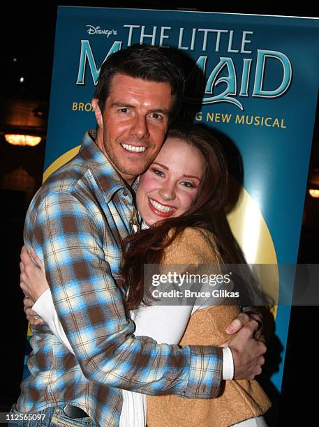 Actor Gavin Lee poses with actress Sierra Boggess as he visits backstage at "Disney's The Little Mermaid" on Broadway at The Lunt Fontanne Theater on...