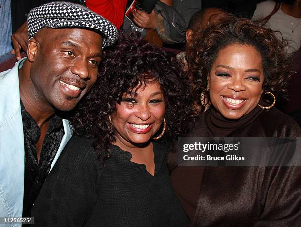 Singer-actors BeBe Winans and Chaka Khan and producer Oprah Winfrey pose at the celebration for new Broadway cast members of "The Color Purple" Chaka...