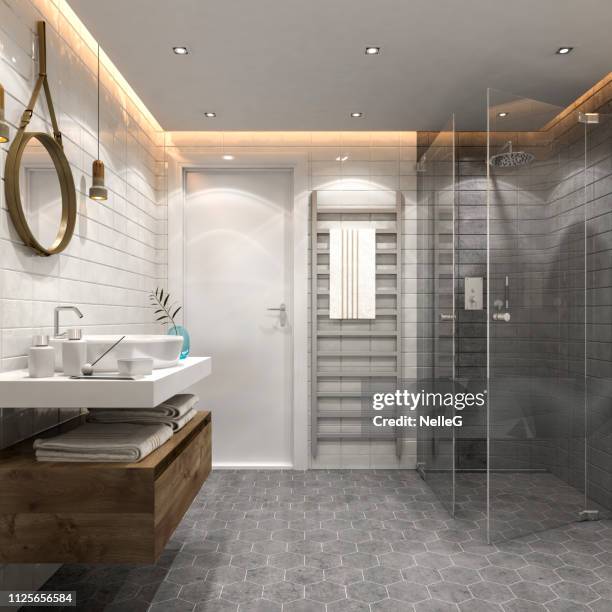 interior de cuarto de baño moderno - ducharse fotografías e imágenes de stock