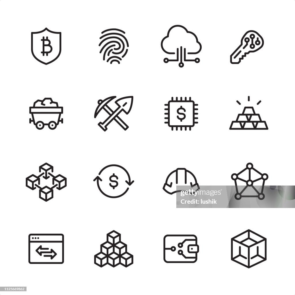 Cryptocurrency y Blockchain - conjunto de iconos de contorno