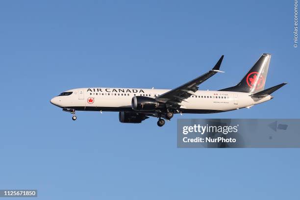 Air Canada Boeing 737 MAX 8 landing at London Heathrow International Airport LHR EGLL with nice blue sky weather. The aircraft has 2X LEAP engines...