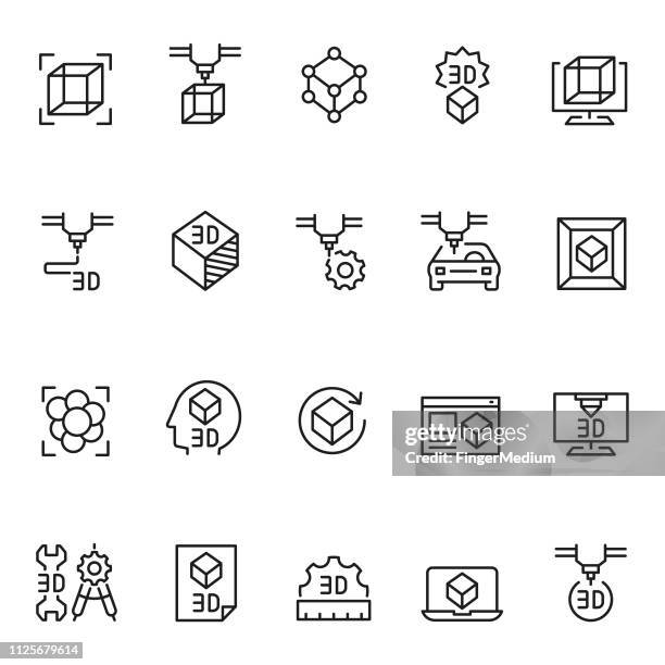 ilustraciones, imágenes clip art, dibujos animados e iconos de stock de iconos de impresión 3d - impresoras 3d