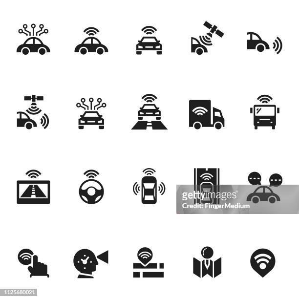 ilustraciones, imágenes clip art, dibujos animados e iconos de stock de iconos de coches autónomos sin conductor - sensor