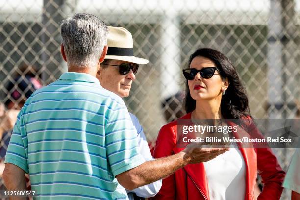 Boston Red Sox President of Baseball Operations Dave Dombrowski speaks with Principal Owner John Henry and his wife Linda Pizzuti Henry during a team...