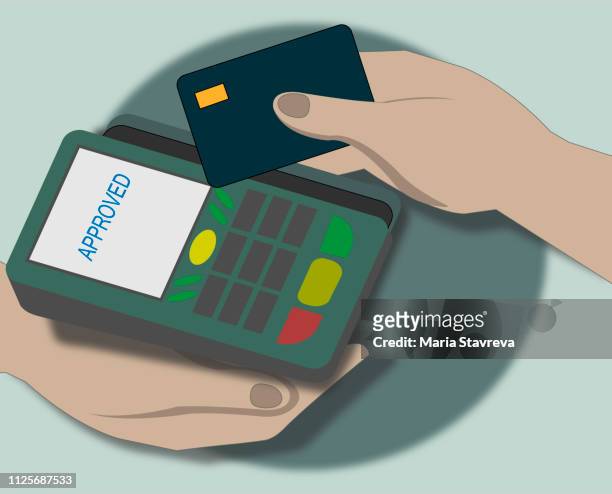 contactless payments.pos terminal.hand holding device.vector. - pop mart stock illustrations