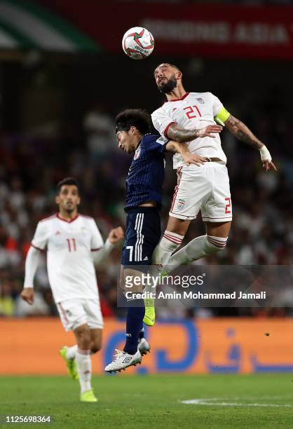Ashkan Dejagah in action during the AFC Asian Cup semi final match between Iran and Japan at Hazza Bin Zayed Stadium on January 28, 2019 in Al Ain,...