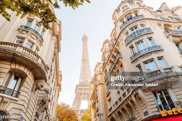 eiffel tower seen in the end of the street in paris, france - french cafe bildbanksfoton och bilder