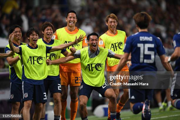 Players of Japan celebrate the first goal by Yuya Osako during the AFC Asian Cup semi final match between Iran and Japan at Hazza Bin Zayed Stadium...