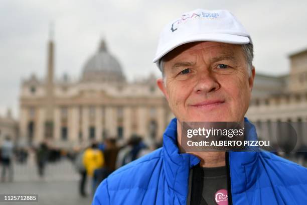 British victim of sexual abuse Peter Saunders poses in front Saint Peter's square on February 18 in Rome. - After years of struggling alone or...
