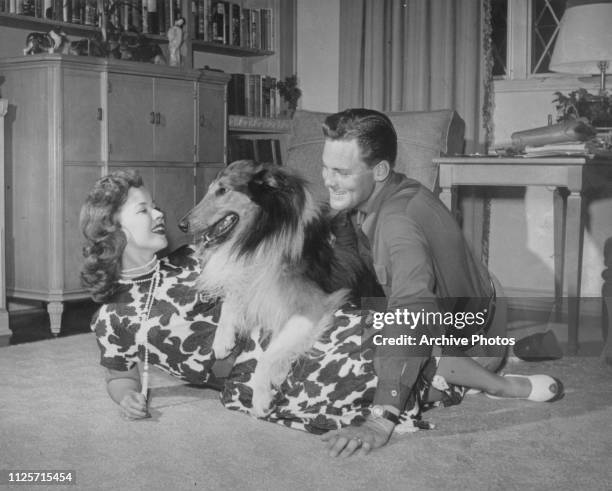 American actors Shirley Temple and her husband, John Agar in the company of a Rough Collie, circa 1947.