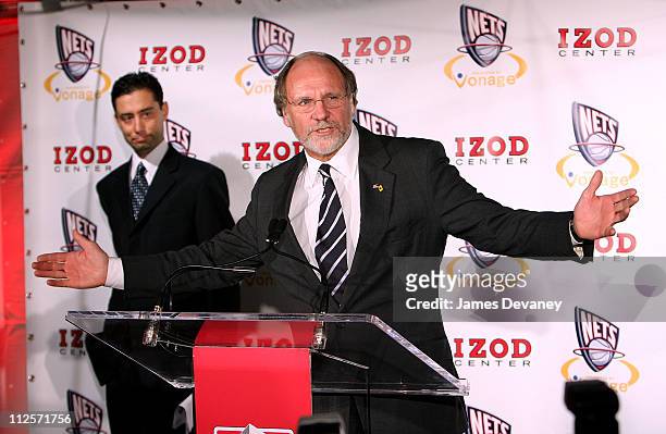New Jersey Governor Jon Corzine speaks at press conference before Chicago Bulls vs New Jersey Nets game at the IZOD Center on October 31, 2007 in...