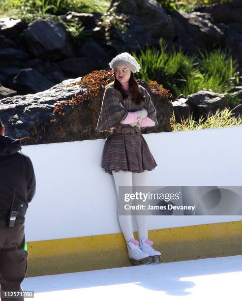 Leighton Meester on the set of "Gossip Girl" at Wollman Rink on November 2, 2007 in New York City.