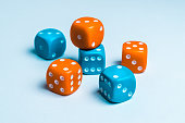 A group of colored dice for board games