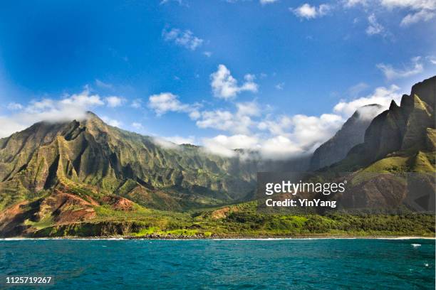 mystérieuse misty na pali coast et waimea canyon, kauai, hawaii - hawaii photos et images de collection