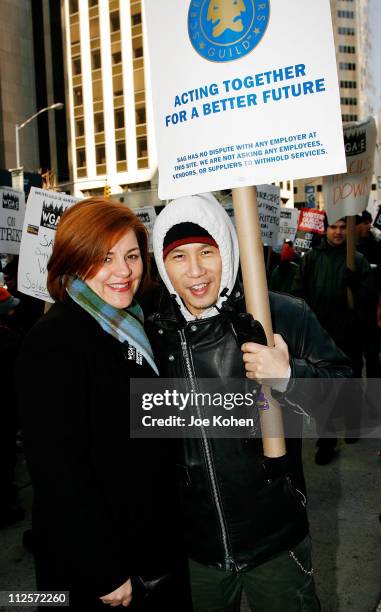 New York City Council Speaker Christine Quinn and actor B.D. Wong join striking WGAe film and television writers at a protest on December 6, 2007 in...