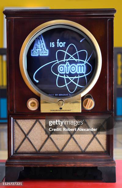 Zenith 16-inch black-and-white television set on display at the New Mexico History Museum in Santa Fe shows a vintage educational film on atomic...