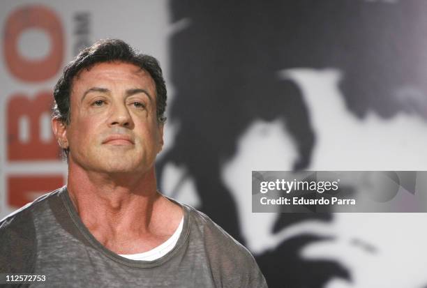 Actor Sylvester Stallone during the press conference and photocall for the film 'John Rambo' at Santiago Bernabeu on January 28, 2008 in Madrid,...