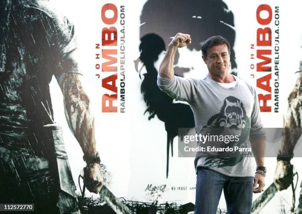 Actor Sylvester Stallone during the press conference and photocall for the film 'John Rambo' at Santiago Bernabeu on January 28, 2008 in Madrid,...
