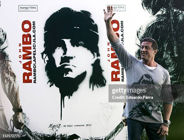 Actor Sylvester Stallone during the press conference and photocall for the film 'John Rambo' at Santiago Bernabeu on January 28, 2008 in Madrid,...