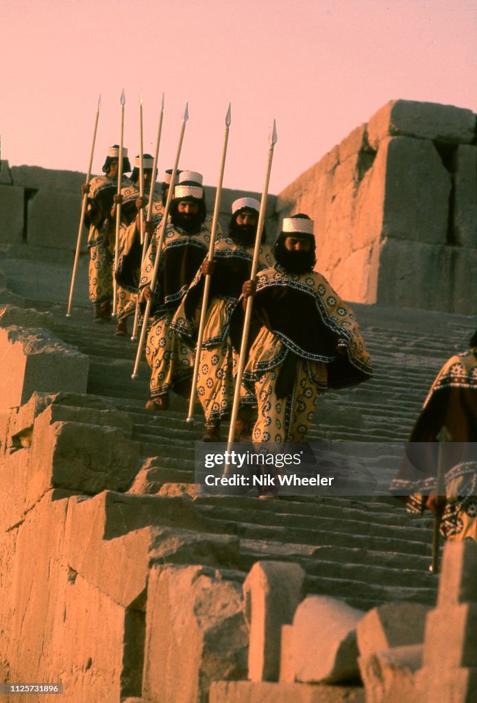Period costumed Persian soldiers in ruins in Persepolis for celebration of 2500th anniversary of founding of Iranian Empire in trent city erected in ruins of Persepolis and attended by foreign dignitaries in October 1971.