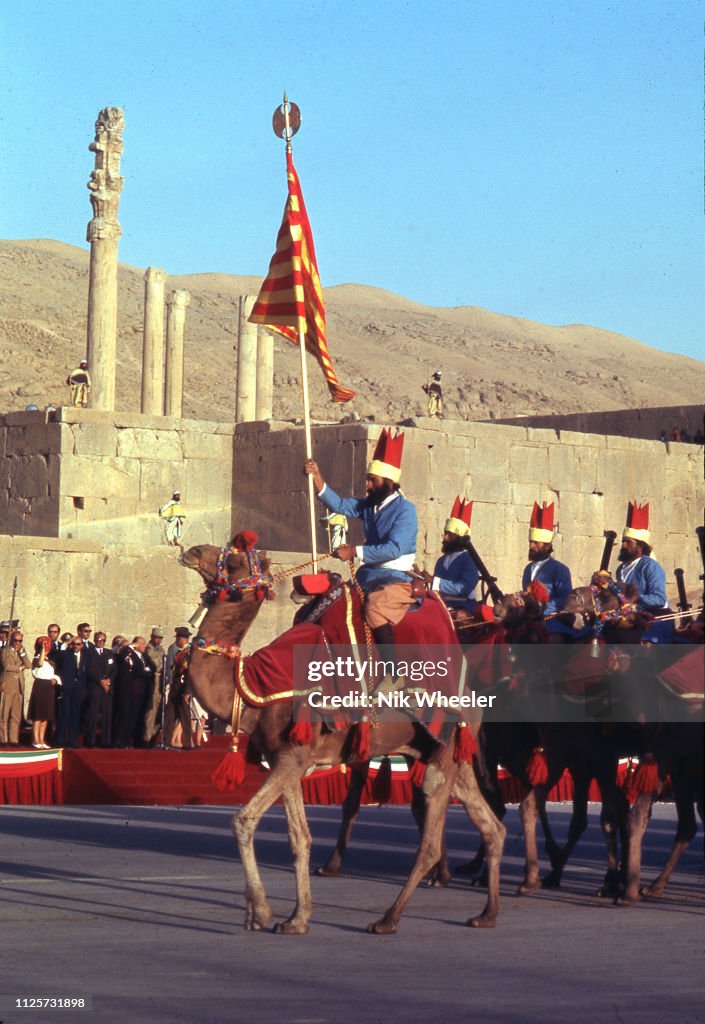 Period costumed camel cavalry in parade in celebration of 2500th anniversary of founding of Iranian Empire in trent city erected in ruins of Persepolis and attended by foreign dignitaries in October 1971.
