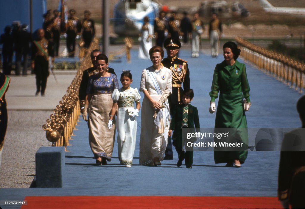 Shah of Iran's mother and children arrive in Persepolis for celebration of 2500th anniversary of founding of Iranian Empire in trent city erected in ruins of Persepolis and attended by foreign dignitaries in October 1971.