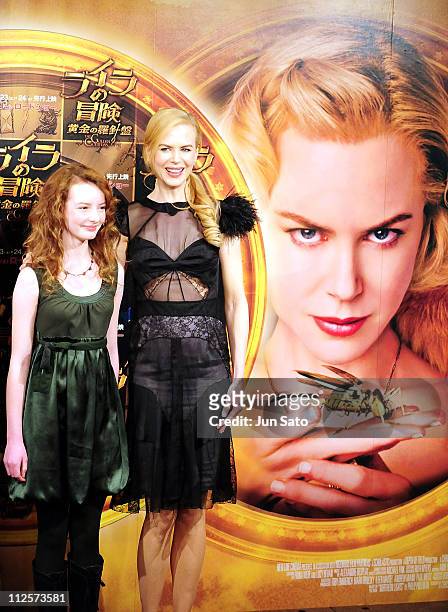Actresses Dakota Blue Richards and Nicole Kidman attend "The Golden Compass" press conference at The Peninsula Tokyo on February 20, 2008 in Tokyo,...
