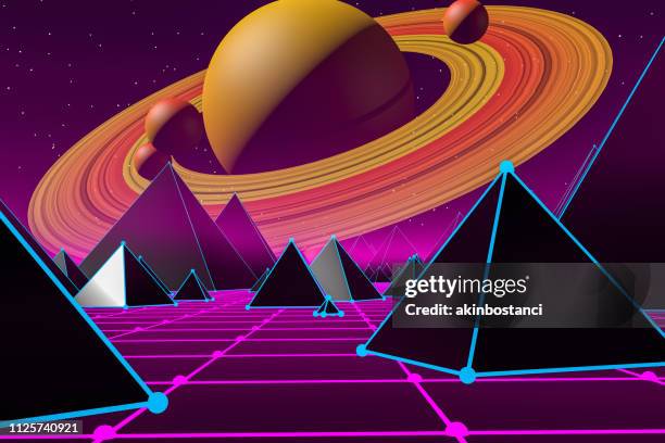 80s retro sci-fi futuristic landscape abstract background - mars landscape stock illustrations