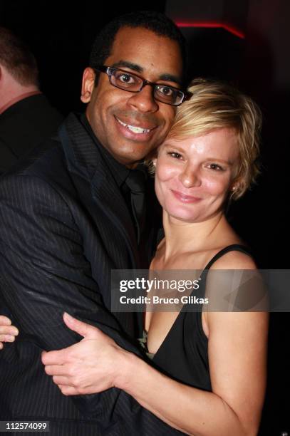 Actor Daniel Breaker and actress Martha Plimpton pose at the Opening Night After Party for The New Musical "Passing Strange" at Espace on February...