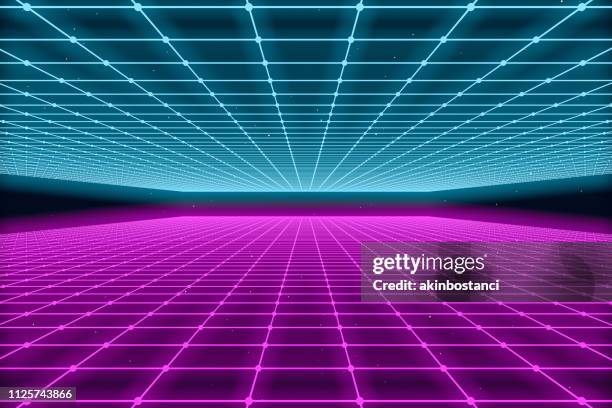 80er jahre retro-sci-fi-futuristische landschaft abstrakten hintergrund - 80s laser background stock-grafiken, -clipart, -cartoons und -symbole