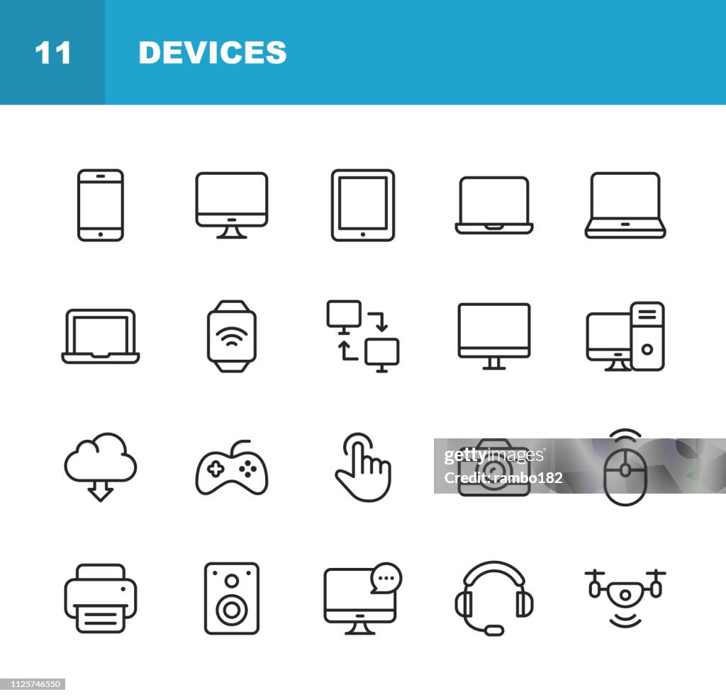 Geräte-Linie-Icons. Editierbare Schlaganfall. Pixel Perfect. Für Mobile und Web. Enthält Ikonen wie Smartphone, Drucker, Smart Watch, Gaming, Drohne.