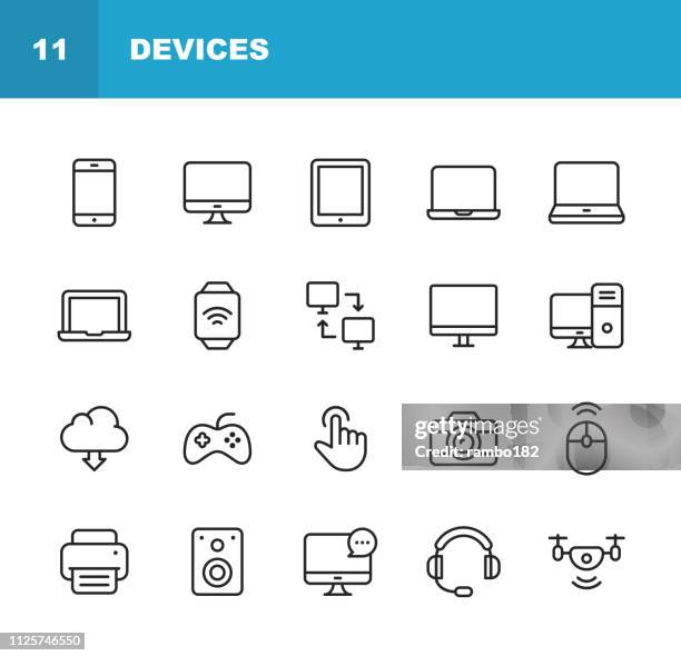 illustrazioni stock, clip art, cartoni animati e icone di tendenza di icone di linea dei dispositivi. tratto modificabile. pixel perfetto. per dispositivi mobili e web. contiene icone come smartphone, stampante, smart watch, giochi, drone. - monitor