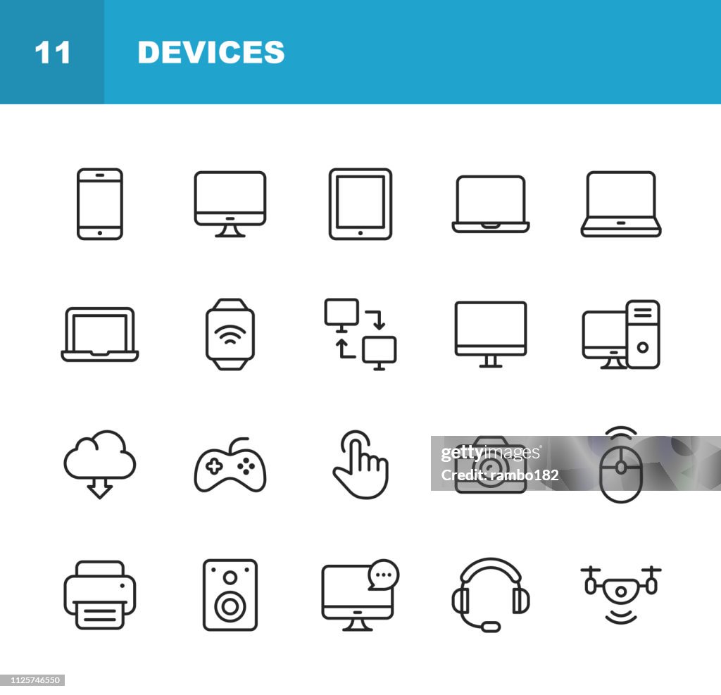 De pictogrammen van de lijn van de apparaten. Bewerkbare beroerte. Pixel Perfect. Voor mobiel en Web. Dergelijke pictogrammen als Smartphone, Printer, Smart Watch, Gaming, Drone bevat.