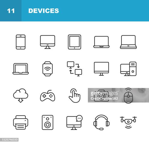 devices line icons. editable stroke. pixel perfect. for mobile and web. contains such icons as smartphone, printer, smart watch, gaming, drone. - symbol stock illustrations