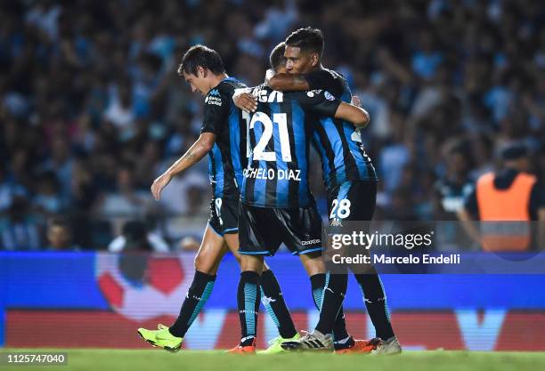 Matias Zaracho of Racing Club celebrates with teammate Marcelo Diaz after scoring the second goal of his team during a match between Racing Club and...