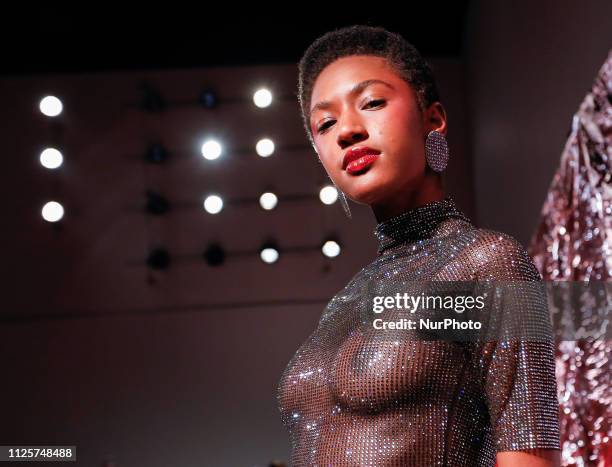 Models presents Paula Knorr AW19 collection during London Fashion Week February 2019 at the BFC Show Space on February 18, 2019 in London, England.