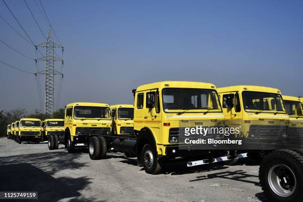 Tata Motor Co. Trucks sit parked in a yard in Jamshedpur, Jharkhand, India, on Monday, Feb. 11, 2019. Tata Steel Ltd. Is shifting its focus to India,...