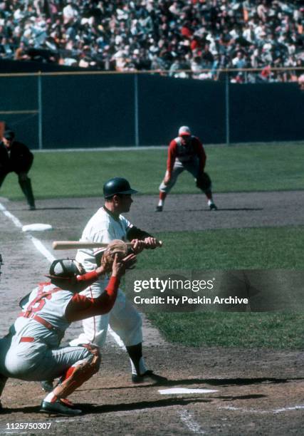 Harvey Kuenn of the San Francisco Giants bats during an MLB game against the Cincinnati Reds on April 20, 1961 at Candlestick Park in San Francisco,...