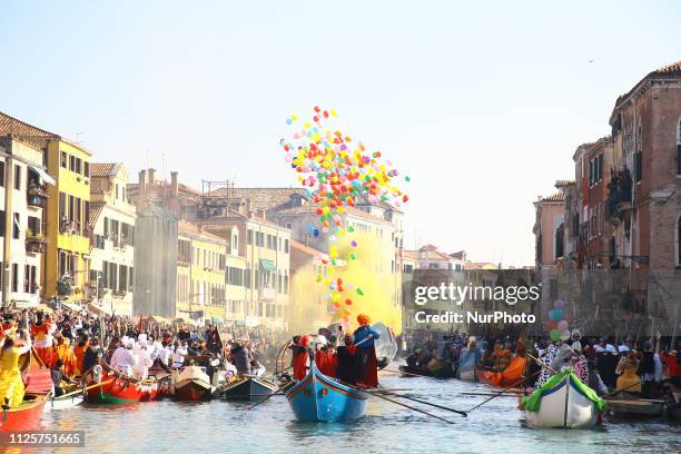 Boat during the water parade during the traditional regatta for the opening of the 2019 Venice Carnival on February 17, 2019 in Venice, Italy. The...