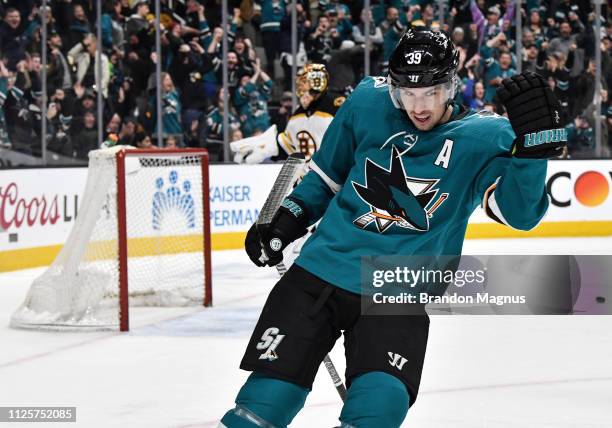 Logan Couture of the San Jose Sharks celebrates after scoring a penalty shot against Tuukka Rask of the Boston Bruins at SAP Center on February 18,...